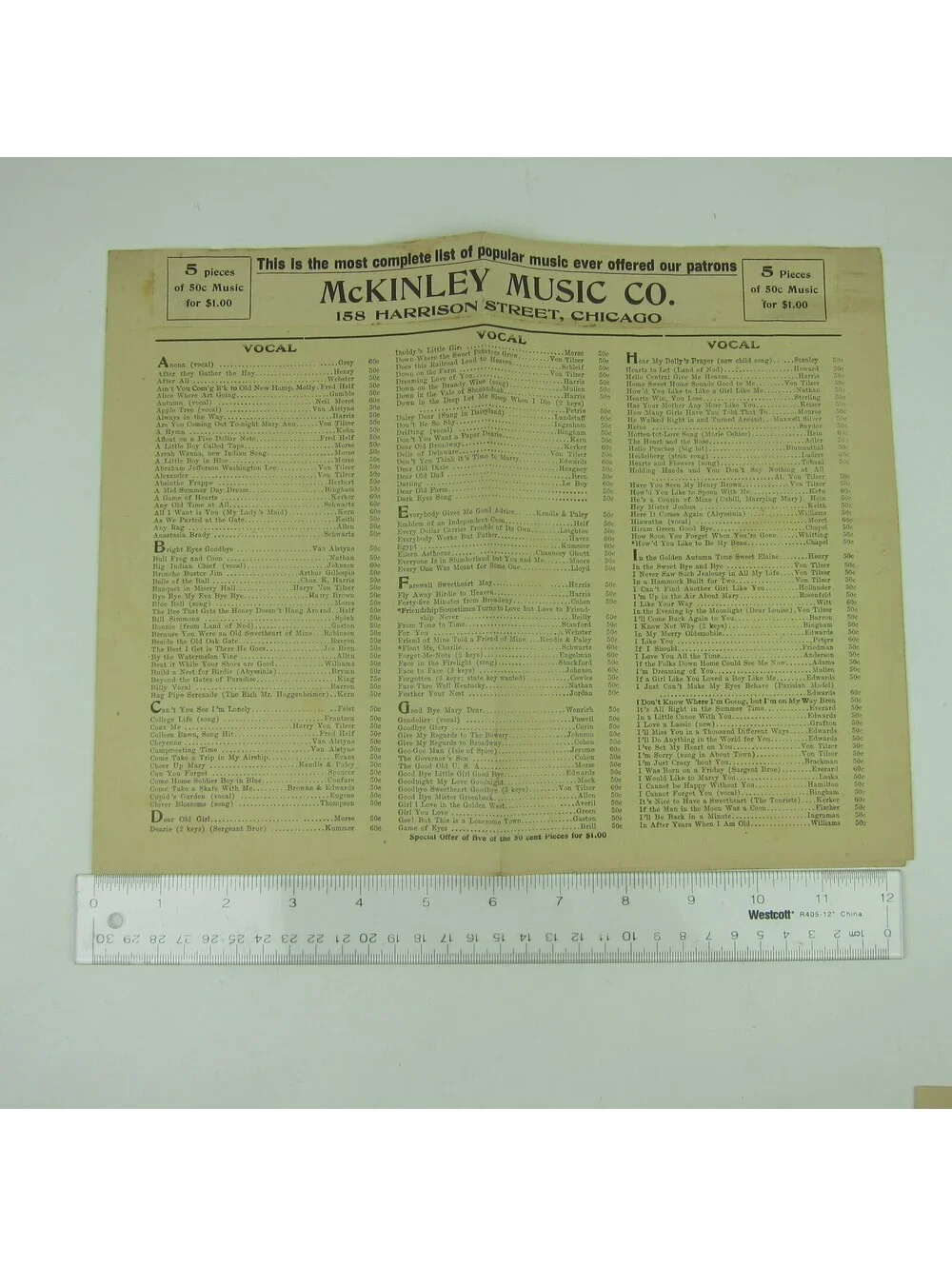 McKinley Music Co Advertising Sheet Music Catalog Order Form & Envelope 1910s